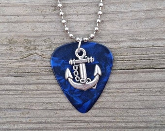 Silver Plated Anchor charm on blue guitar pick ball chain Necklace Jewelry