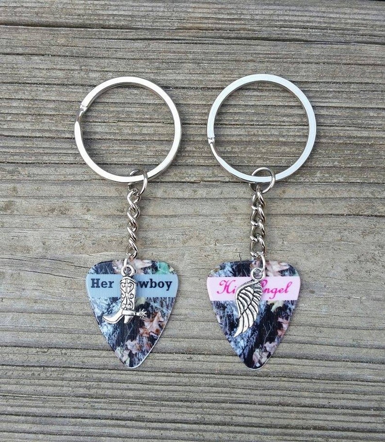 Her Cowboy boot His Angel wing charm guitar pick matching keychains set country love girl guy 