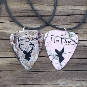 Her Hunter His Trophy Guitar Pick Necklace for couples browning deer camo girl Her Hunter His Trophy Guitar Pick Necklace for couples browning deer camo girl