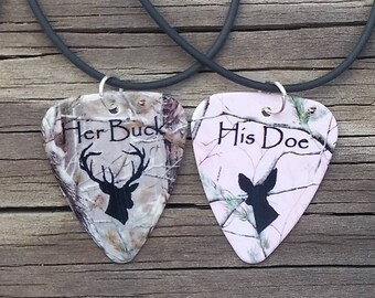 Her Buck His Doe necklaces Guitar pick matching for couples love girl guy deer realtree camo pink cute country Valentine's Day gift