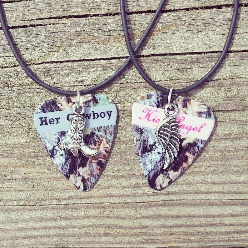 Her Cowboy His Angel necklaces boot wing silver charm guitar Etsy