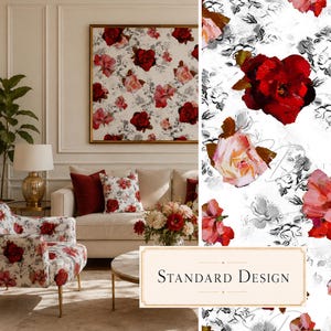 May include: A square wall art piece featuring a white background with a repeating pattern of deep red and soft pink roses, accented by charcoal gray sketched floral outlines. The text "STANDARD DESIGN" is centered in a rectangular frame.