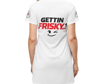 Frisky-T Gettin Frisky T-Shirt Dress Womens Mini Tee Dress with Sleeve Logos and Bold Back Graphic
