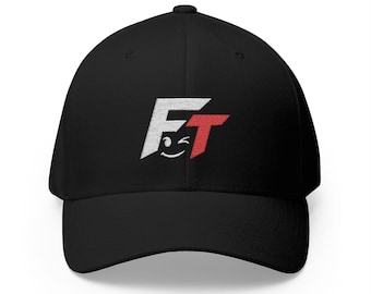 FriskyT Embroidered Black Hat, Structured Flexfit Cap, Playful Streetwear Logo