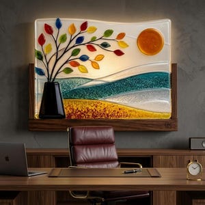 May include: A rectangular fused glass wall art piece featuring a black vase with a tree of multicolored leaves, a textured golden foreground, teal rolling hills, and a bright orange sun, all mounted on a dark wooden frame above a desk.