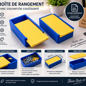 Boîte de rangement STL avec couvercle coulissant – Fichier impression 3D – Storage Box – Modèle 3D à télécharger