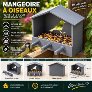 Peut inclure: Un fichier STL de mangeoire à oiseaux pour impression 3D en forme de maison grise avec une silhouette d'oiseau découpée, trois perchoirs et un plateau à graines. Les dimensions sont de 120 mm par 70 mm par 80 mm avec assemblage simple.