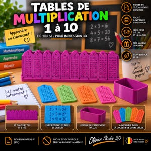 Peut inclure: Un ensemble de tables de multiplication à imprimer en 3D comprenant dix plaquettes verticales violettes numérotées de 1 à 10 avec des calculs. Inclut une boîte de rangement violette et des plaquettes individuelles bleues, vertes, orange et roses.