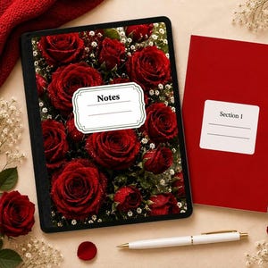 Pode incluir: Um caderno retangular com uma capa apresentando um padrão denso de rosas vermelho-escuras e pequenas flores brancas. Uma etiqueta branca com borda decorativa traz a palavra Notes e duas linhas. Ao lado, um caderno vermelho diz Section 1.
