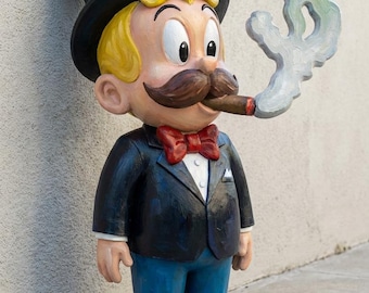 Estatua del Tío Rico Sr. Monopoly fumando un cigarro y un dólar, escultura de arte pop de lujo, figura de dinero, decoración de oficina, arte coleccionable