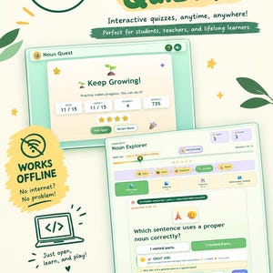 May include: A digital educational product display for the HTML Offline Quiz App by Apphere. The graphic features two tablet screens showing quiz interfaces, including a Noun Quest game, score summaries, and multiple-choice grammar questions.