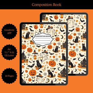 Op de afbeelding: Een digitaal notitieboek met een herhalend Halloween-patroon van zwarte katten, geesten met hoeden, pompoenen, vleermuizen, spookhuizen en lantaarns. De kaft bevat een wit label met de tekst COMPOSITION BOOK.