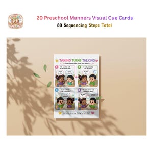 Peut inclure: Une affiche éducative rectangulaire intitulée Taking Turns Talking, présentant quatre panneaux illustrés avec des enfants en dessin animé démontrant des compétences sociales. Le texte inclut des étapes pour attendre, demander poliment et partager des idées.