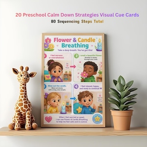 May include: A rectangular poster titled Flower & Candle Breathing with four illustrated panels showing children practicing breathing techniques. The poster includes text instructions for calming down, accompanied by a giraffe figurine and a potted plant.