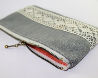 Clearance/// Gray/ Beige Lace Zipper Pouch wedding Clutch Bridesmaid gift