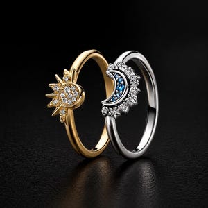 Sun and Moon Ring Set, 925 Sterling Silver Ring, Celestial Jewelry, Stackable Couple Ring Set, Dainty Gift for Her, Minimalist Boho Ring,