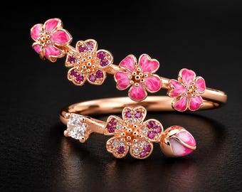 Anello con fiore di pesco rosa, anello di proposta, anello di fidanzamento, anello aperto in oro rosa, anello a forma di fiore per donna, gioiello stile Pandora, regalo per lei