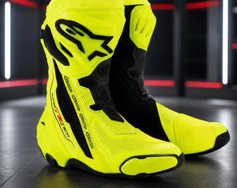 Botas de moto Alpinestars Supertech R de color amarillo neón, botas deportivas de protección para motociclistas, equipamiento de alta visibilidad para motociclistas.