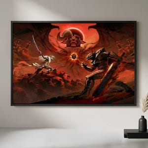 Demon Eclipse Battle Poster, Dark Fantasy Warrior Wall Art, Epic Sword Fight Print, Gaming Room Decor