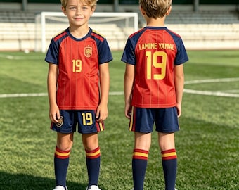 Kids Spain Lamine Yamal #19 Soccer Kit, Youth Custom Football Jersey Shorts Set