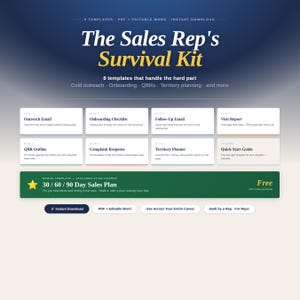 May include: A digital product titled The Sales Rep's Survival Kit featuring 8 templates including Outreach Email, Onboarding Checklist, Follow-Up Email, Visit Report, QBR Outline, Complaint Response, Territory Planner, Quick Start Guide, and a 30/60/90 Day Sales Plan.