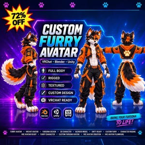 Pode incluir: Uma exibição digital com um avatar furry personalizado em três poses, vestindo um moletom laranja e preto com estampas de patas, calças cargo e tiras. Texto: CUSTOM FURRY AVATAR, 72% OFF, VRChat, Blender, Unity, FULL BODY, RIGGED, BRING YOUR FURSONA TO LIFE!