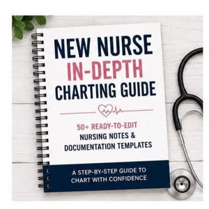 Puede incluir: Un cuaderno de espiral titulado NEW NURSE IN-DEPTH CHARTING GUIDE con un gráfico de línea EKG en forma de corazón. La portada incluye el texto 50+ READY-TO-EDIT NURSING NOTES & DOCUMENTATION TEMPLATES y A STEP-BY-STEP GUIDE TO CHART WITH CONFIDENCE.