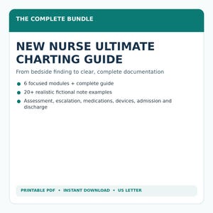 May include: A white informational card with a teal header titled THE COMPLETE BUNDLE. The text reads NEW NURSE ULTIMATE CHARTING GUIDE, From bedside finding to clear, complete documentation, 6 focused modules, 20+ note examples, and assessment topics. Bottom text: PRINTABLE PDF, INSTANT DOWNLOAD, US LETTER.