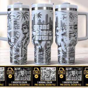 Op de afbeelding: Een witte roestvrijstalen beker met handvat, voorzien van een zwarte grafische print van het Grand Theft Auto VI Vice City logo, palmbomen, een stadsgezicht, een helikopter, een sportwagen en personages met contant geld.