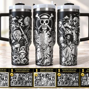 May include: A black stainless steel tumbler with a handle and white lid, featuring a detailed wrap-around graphic of anime characters and a skull emblem. Below are five rectangular digital file icons labeled with text including Normal Color SVG, Inverted Color SVG, Normal Color PNG, Inverted Color PNG, and Base Image PNG.