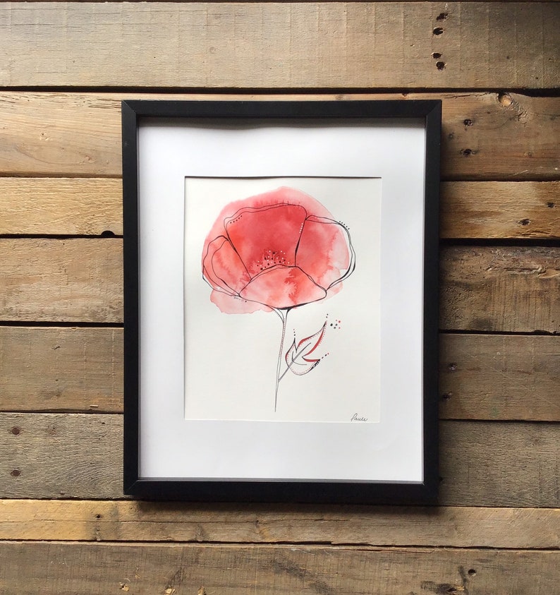 Aquarelle Dessin Fleur Rouge Coquelicot 8 X 10 Pouces Fait Main Botanique Décoration Art Peinture Oeuvre Originale