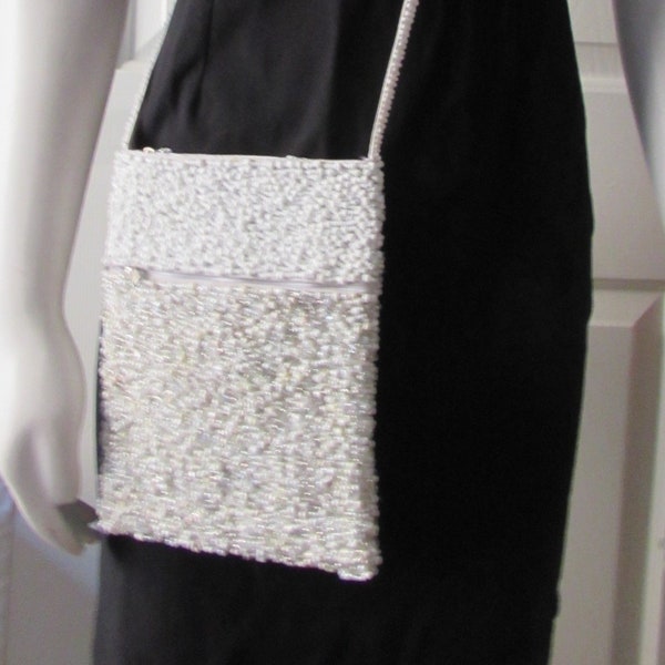 Purse White cross body bag White Seed Pearls Evening Purse hand beaded Fresh clean high fashion Wedding