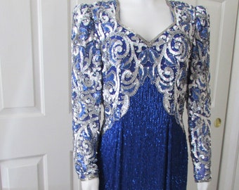 DRESS RETRO 1970s Sequined blue party event costume Jacqueline Farr photo shoot size 10