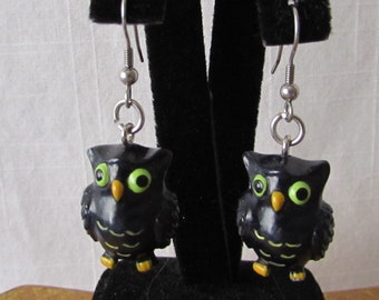 EARRINGS OWLS Black Pierced Dangle Birds  gift