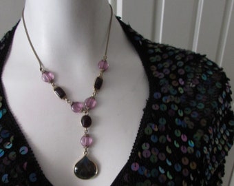 Necklace purple glass stones scarab type stones Laura Conrad designer goldtone chain aspen leaf pendant