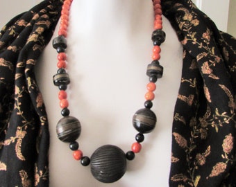 NECKLACE 1960s Boho Black Orange Wood Brass handmade beads Retro Costume Jewelry Statement Necklace