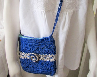 Purse CrossBody Crocheted bag Blue White Zipper cell phone boho travel one of a kind