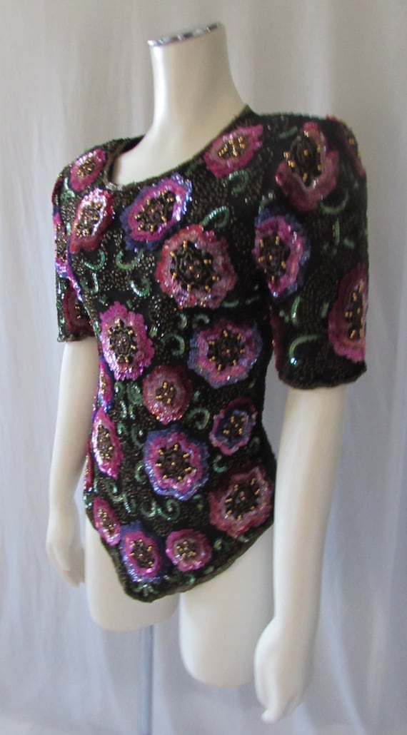 Vintage 60's Sequined Top Black Magenta flowers m… - image 1