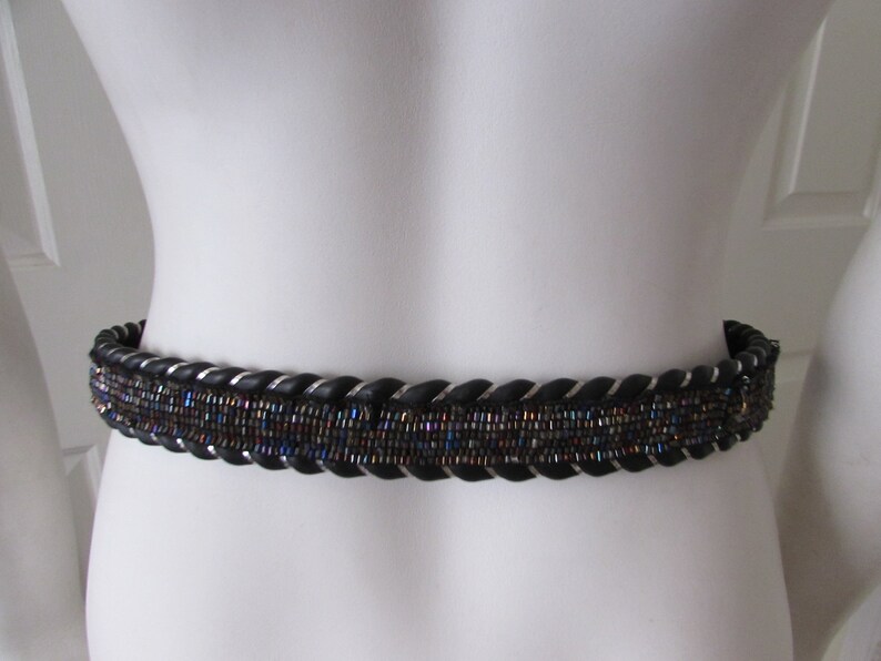BELT Womans Silver Buckle Bugle Beaded Leather Designer Belt Etsy