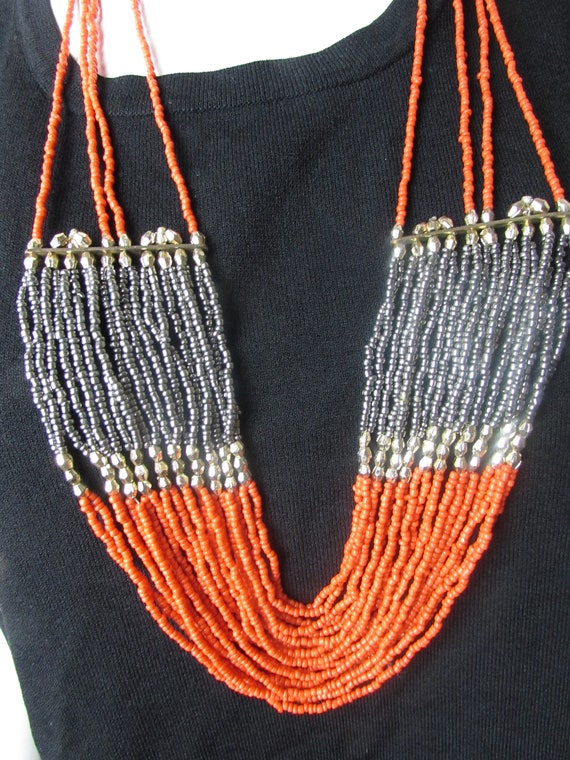 1980s Orange and silver beaded necklace 24 strands - image 3