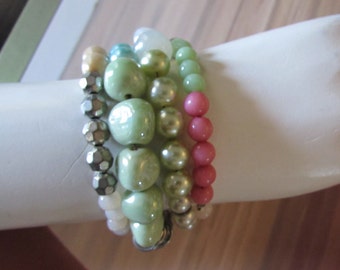 50s Mid-Century  BRACELET multi colored pink green silver white stretchy retro high fashion Mid