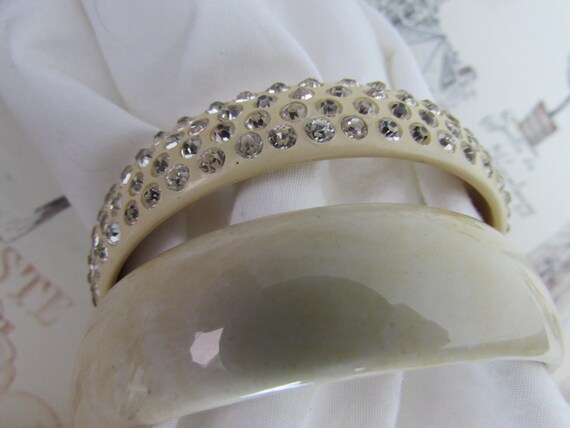 Pair Bangles light beige one with rhinestones Vin… - image 3