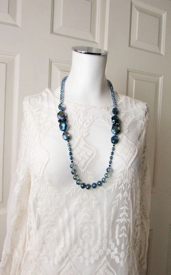 NECKLACE BLUE CRYSTALS Long elegant vintage costu… - image 1