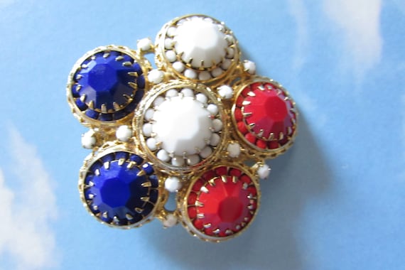 Vintage 70s RED WHITE BLUE  Crystal & goldtone Br… - image 2