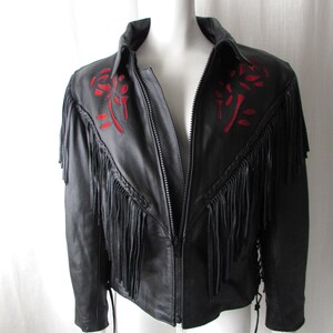 Black Leather Jacket Fringe Red Detail size Medium Motorcycle/hiphop high fashion image 1