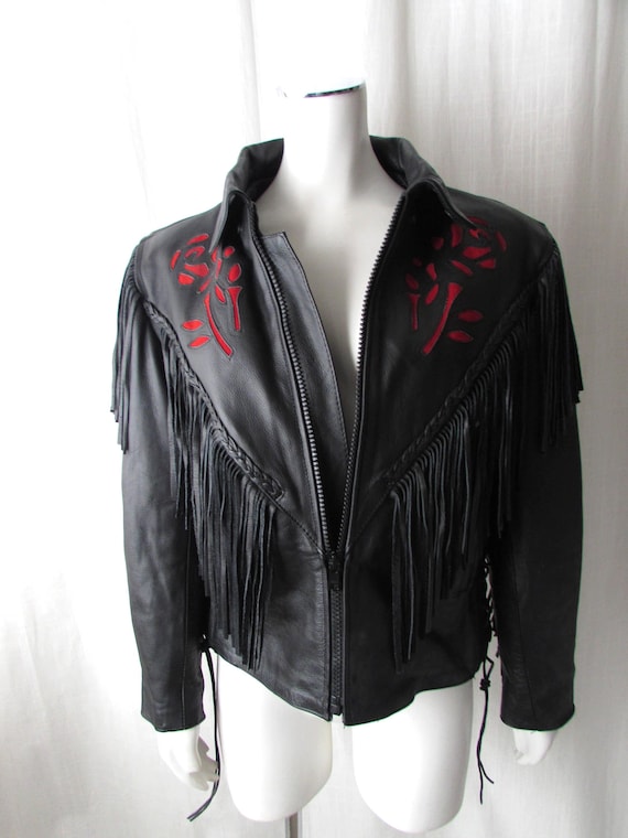 Black Leather Jacket Fringe Red Detail size Medium Motorcycle/hiphop high fashion
