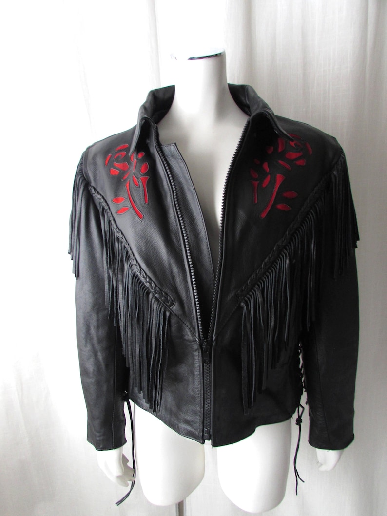 Black Leather Jacket Fringe Red Detail size Medium Motorcycle/hiphop high fashion image 1