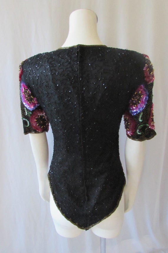 Vintage 60's Sequined Top Black Magenta flowers m… - image 3