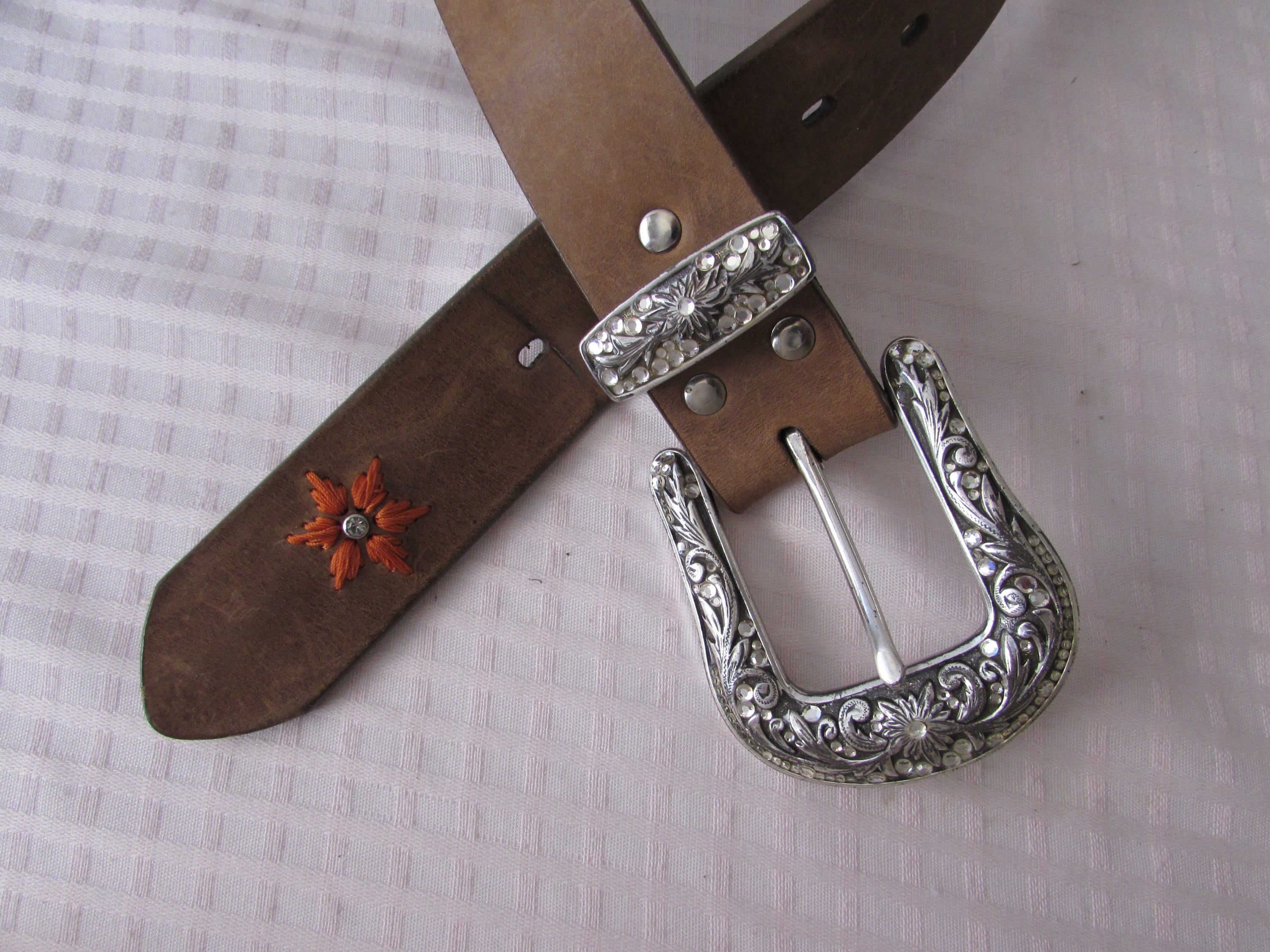 BELT NOCONA LEATHER Western Cowboy Brown Silver Rhinestone  display picture 1