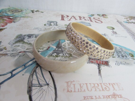 Pair Bangles light beige one with rhinestones Vin… - image 1